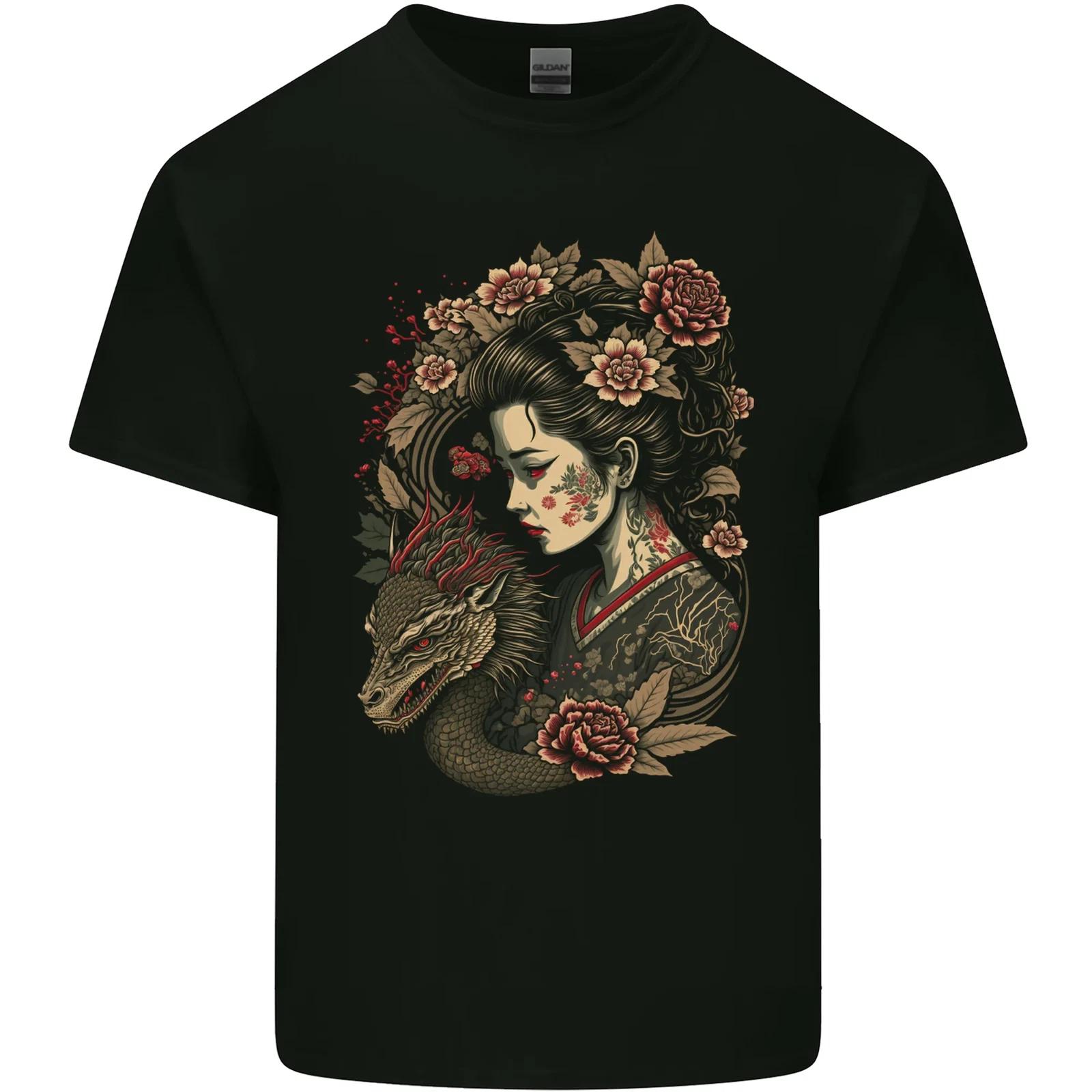 Geisha Girl With Dragon & Roses Fantasy Kids T-Shirt Childrens S