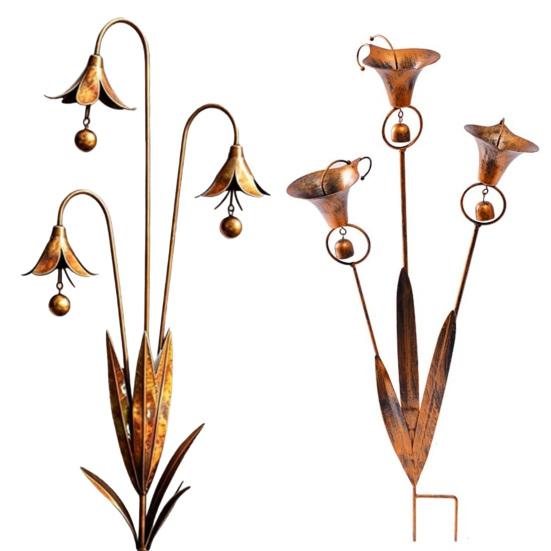 Triple Bluebells Garden Stake, Metal Flower Decoration with Bell, Calla Lilies Yard Art Sculpture, Rustic Handmade Ornament for Outdoor Lawn Patio