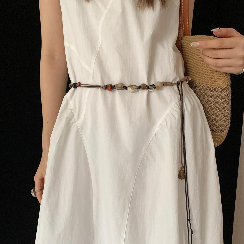 Women's Bohemian Ethnic Retro Woven Belt with Beaded Waist Chain Accessory for Dresses