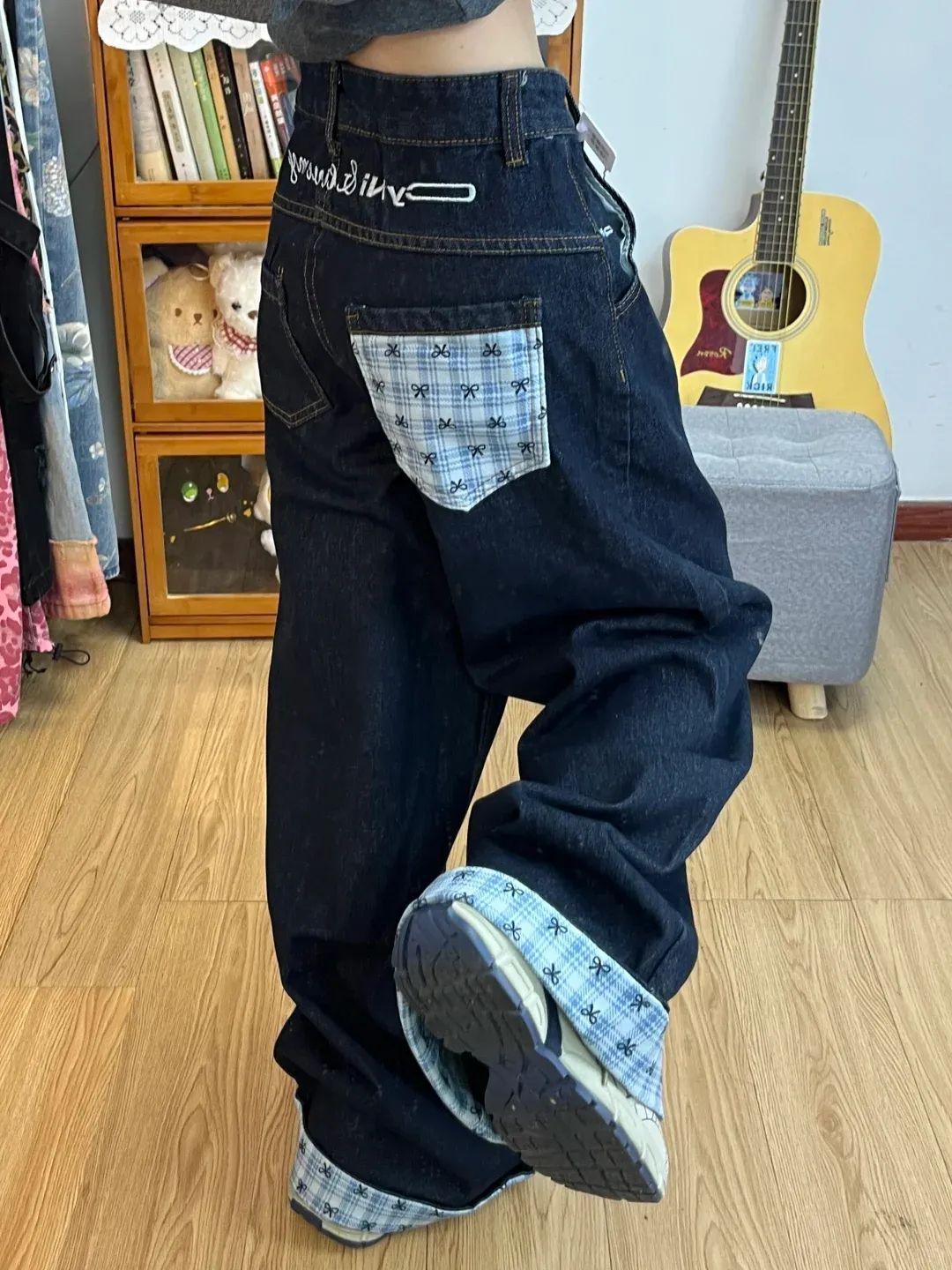 

Женские джинсы с высокой талией, в клетку, пэчворк, с вышивкой в виде банта - свободные, с широкими штанинами, тренд весна/осень 2025 Large синий