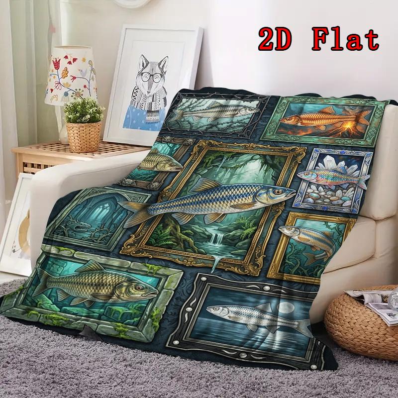 Fish Fantasies 2D Flat Pattern Flannel Blanket, High quality All Seasons, Home Decor, Warmth and Comfort, Perfect for Christmas Gifts.