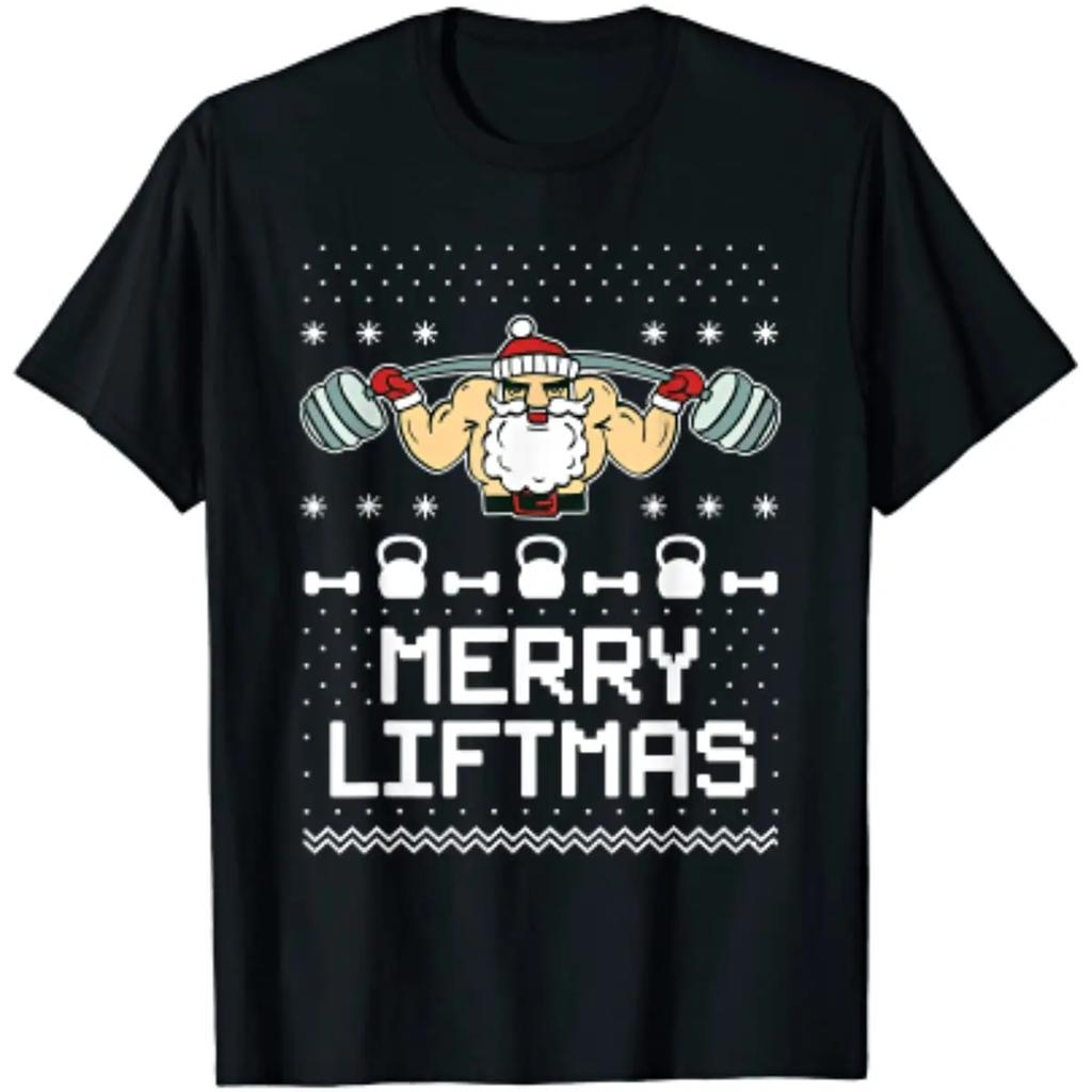 Santa Workout Gym Merry Liftmas Funny Ugly Christmas Sweater Men TShirt Short Sleeve Casual Cotton Summer T Shirt
