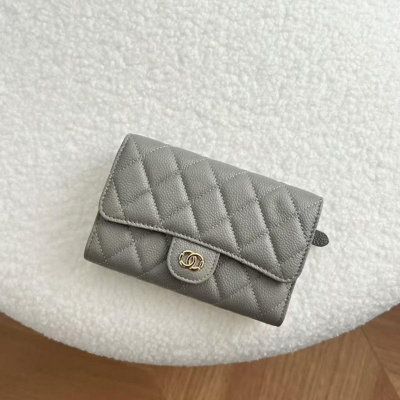 2026 New Caviar Patterned Cowhide Long Three Fold Wallet Hand-held Bag Chain Strap Crossbody Genuine Leather Women's