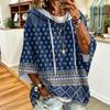 Damska bluza z kapturem w stylu vintage z kwiatowym nadrukiem i ściągaczem - Swobodny luźny top