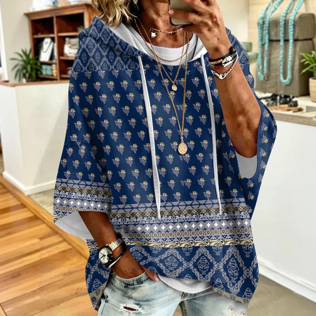 Damska bluza z kapturem w stylu vintage z kwiatowym nadrukiem i ściągaczem - Swobodny luźny top