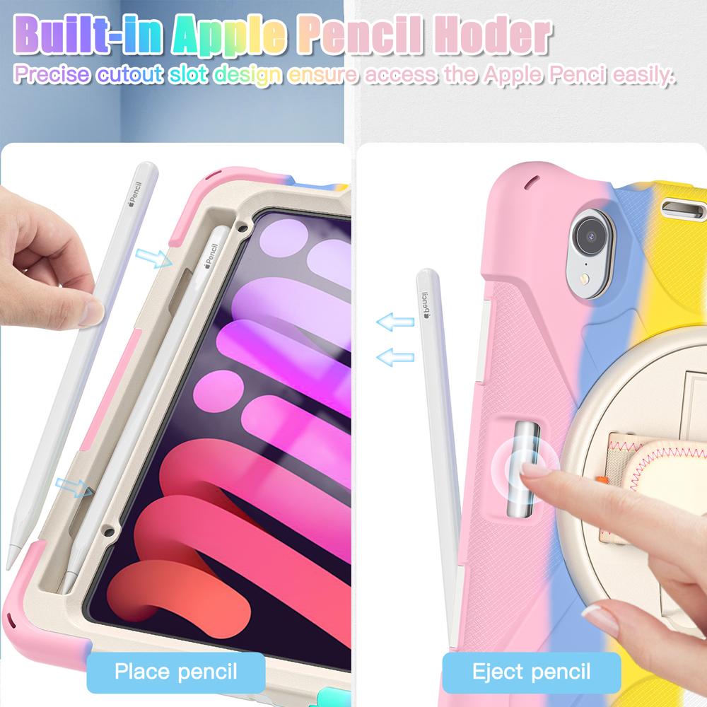 Shockproof Tablet Cases for 8.3'' IPad Mini (A17 Pro) 7/6 6th/7th 2024/2021 Case Cover Rotate Hand Strap PC Stand Silicone Shell