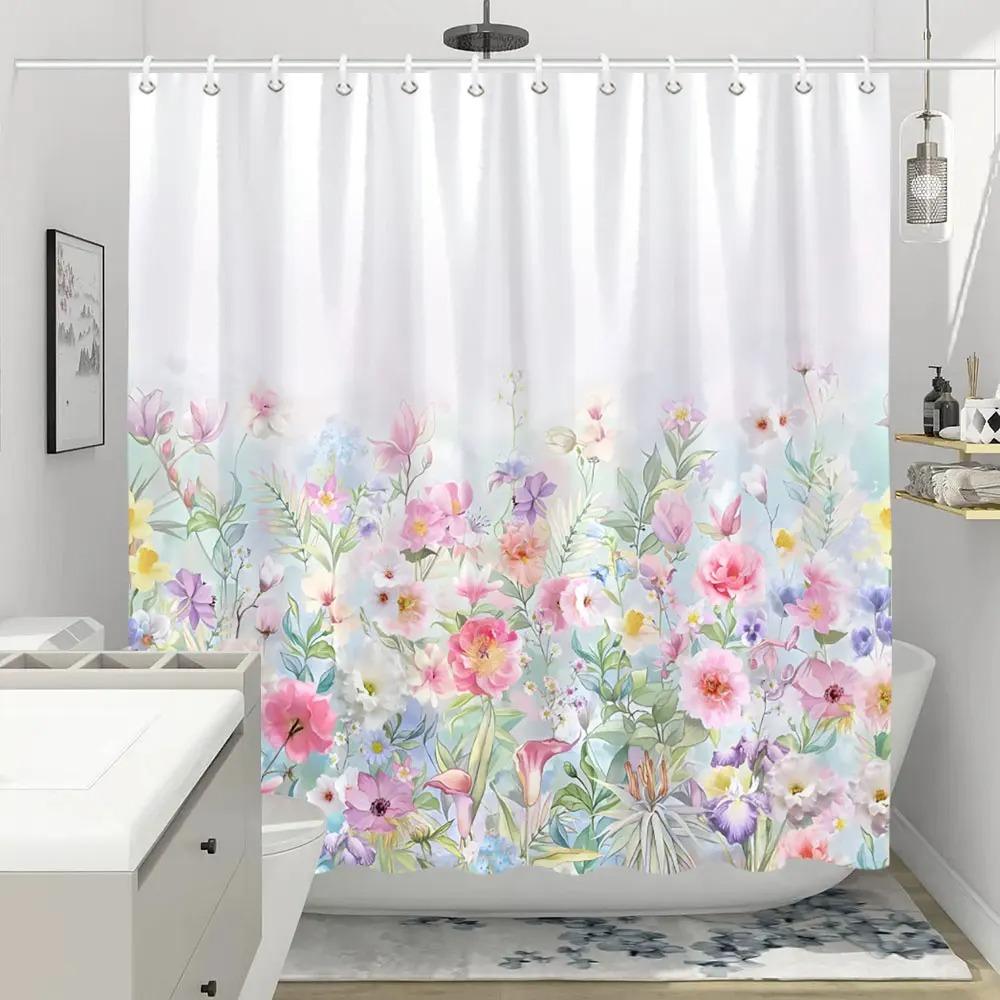 Colorful Flowers Shower Curtain for Bathroom Pink Floral Romantic Wildflower Plants Nature Scenery Decor Curtain Set with Hooks