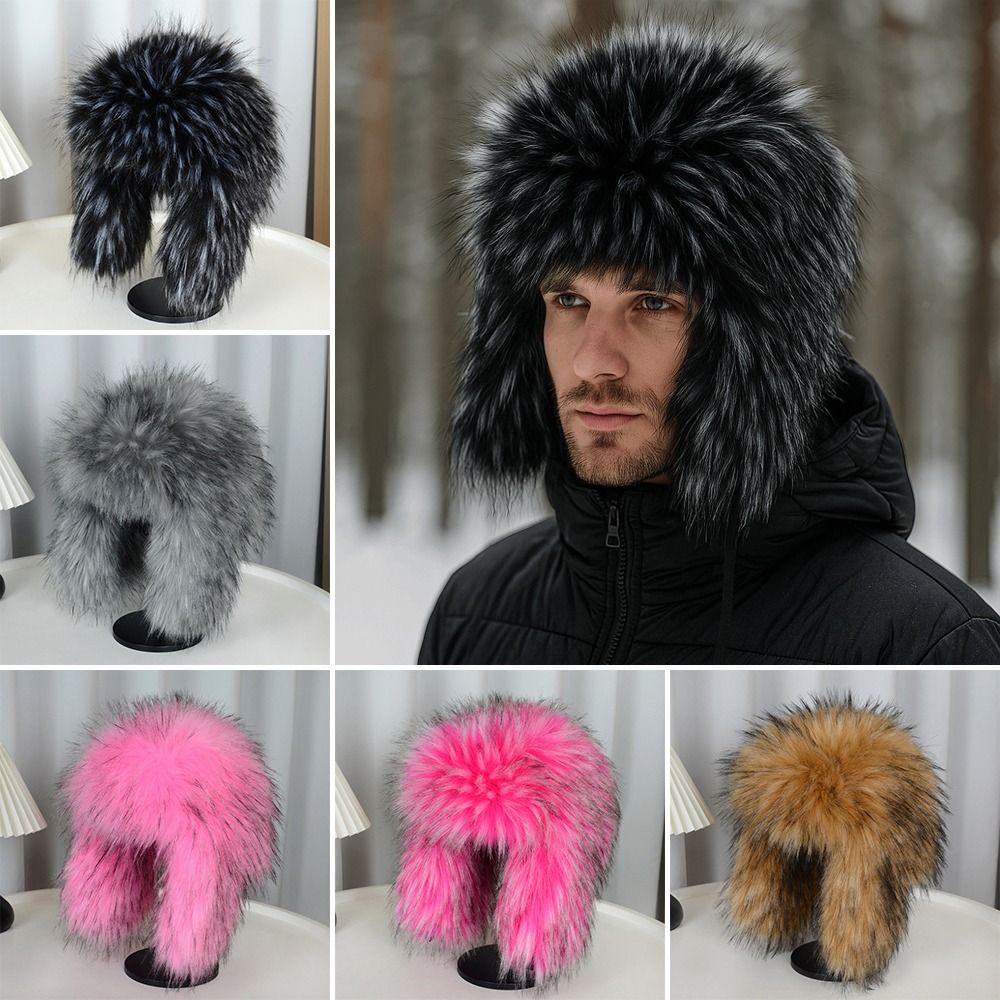Faux Fur Bomber Hats Round Earflap Winter Round Earflap Cap  Winter Outdoor Activities Wear
