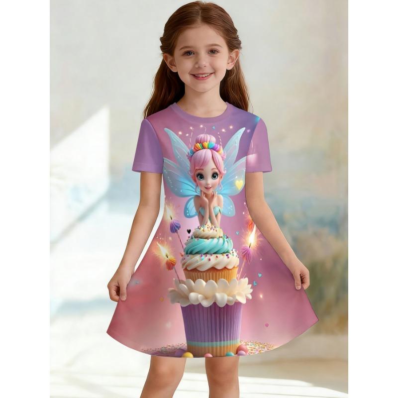 Soft and Breathable Purple Starry Sky Fairy Printed Short Sleeved Casual Dress Suitable for Birthdays and Parties in Summer