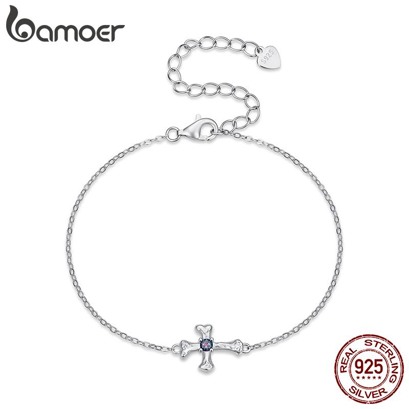 Bamoer 925 Sterling Silver Cross Bracelet Halloween Bones CZ-Plated White Gold Chain Adjustable Party Costume Women