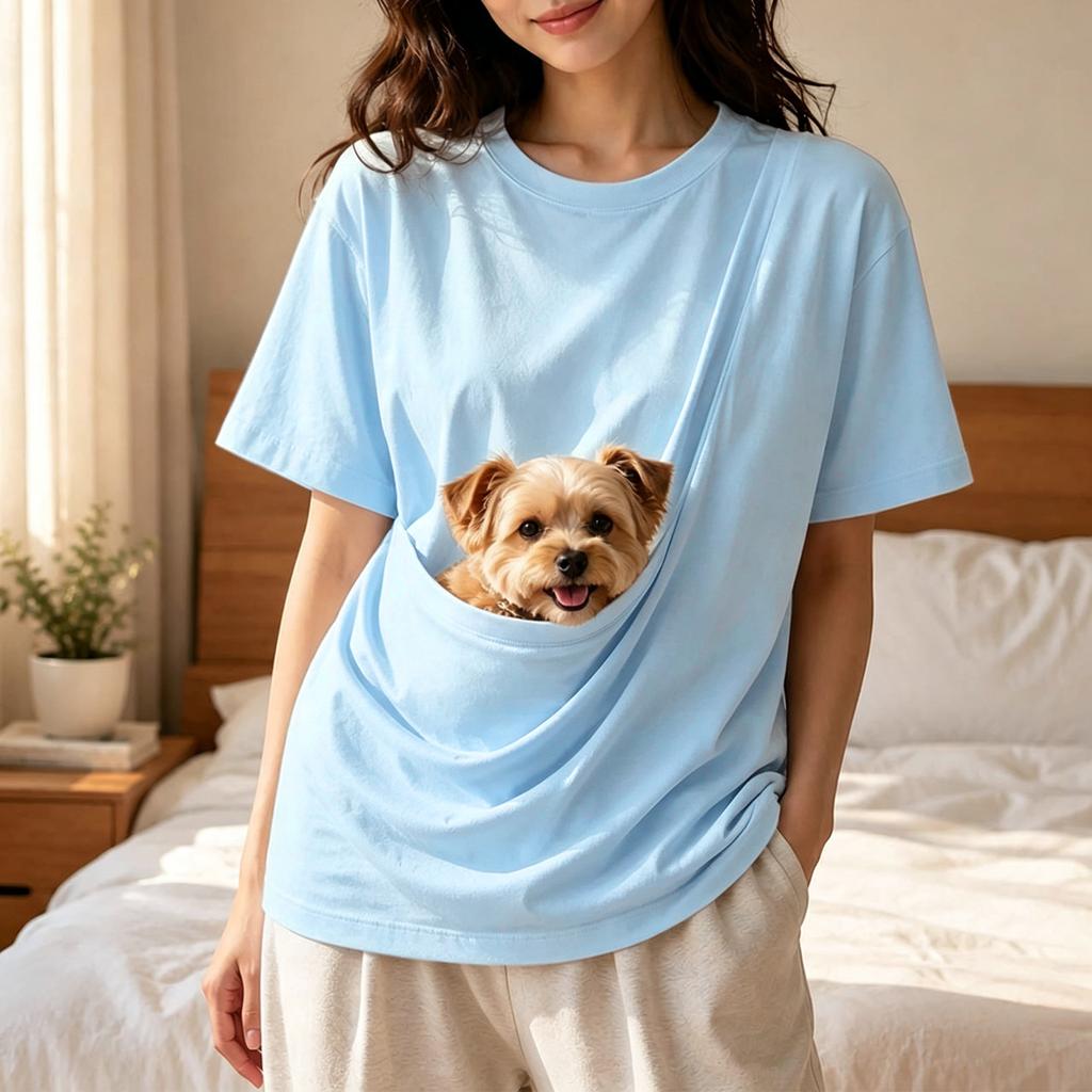 Unisex Short Sleeve T-Shirt with Large Pockets for Phone and Pet, Loose Fit Drop Shoulder Casual Top