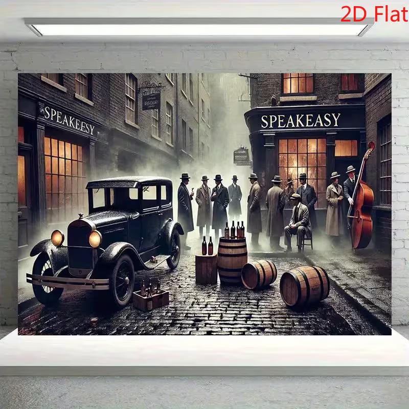2D Speakeasy Bar Backdrop, Retro 1920s Gangster Car & Whiskey Barrel Background for Party Decor