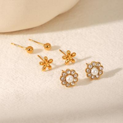 European & American Luxury Stainless Steel Cubic Zirconia and Pearl Stud Earrings Set