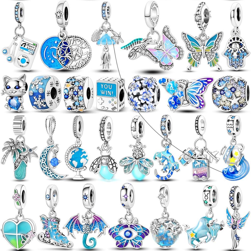 Sky Blue Color Decorative Charms Bead Elements Genuine Copper Butterflies Flower Moon Pendant Piece Suitable For Authentic Bracelet Style Jewelry
