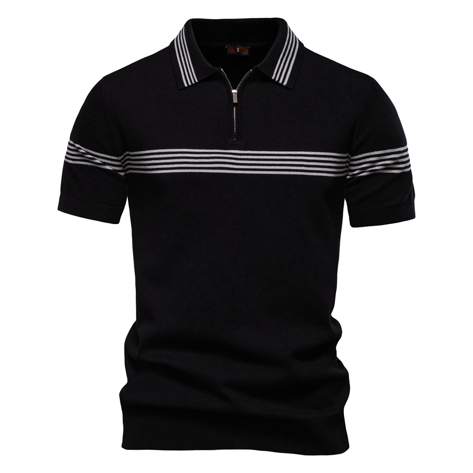 Men s Summer Stripe Knitted Zipper Lapel Short Sleeve Top Men s Casual Fashion Shirt L