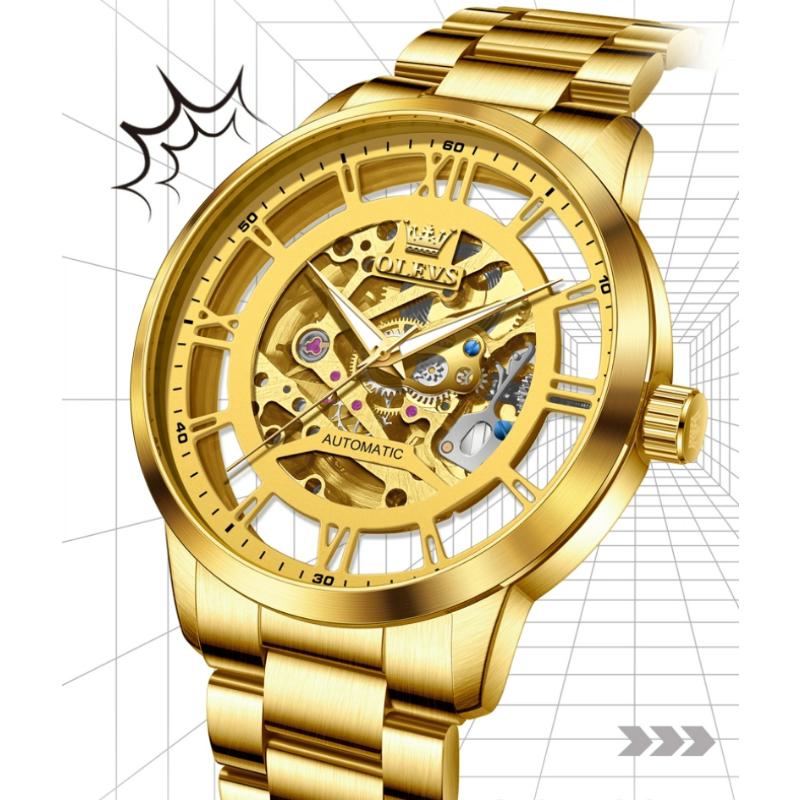 OLEVS Mens Watch Skeleton Automatic Mechanical Watch Stainless Steel Luminous Watches For Man Original Luxury Business Gifts