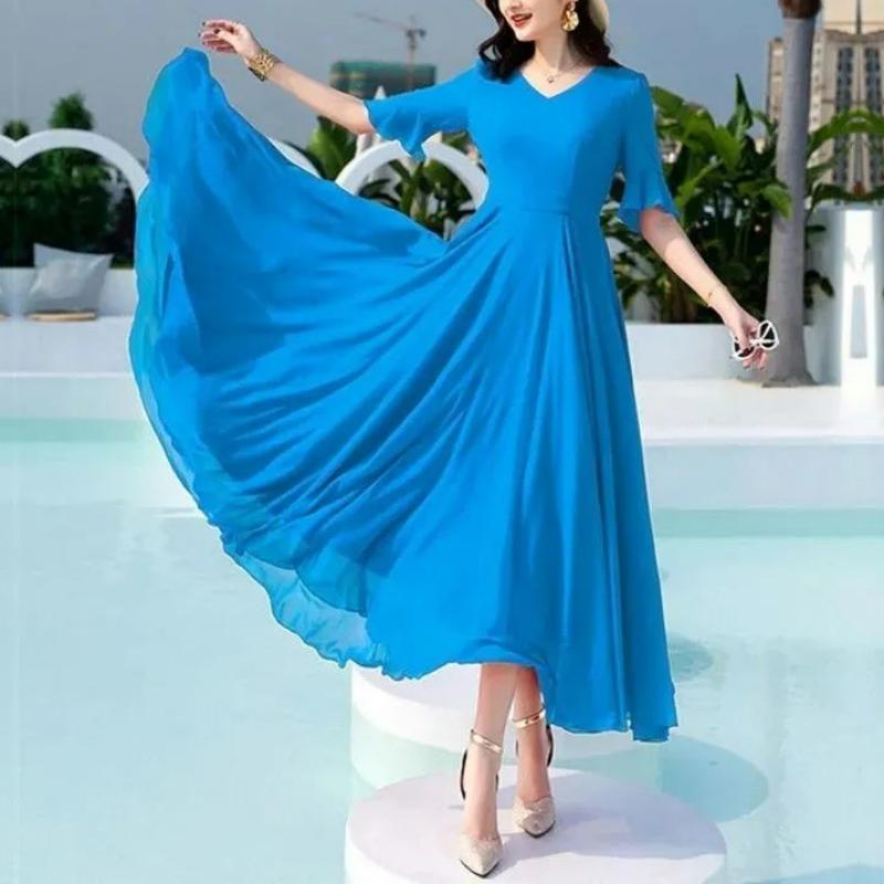 

Летняя мода Новое корейское простое элегантное шифоновое платье средней длины Однотонное V-образный вырез Талия Молния Пэчворк Платья с рукавами-бабочками XXL золотой