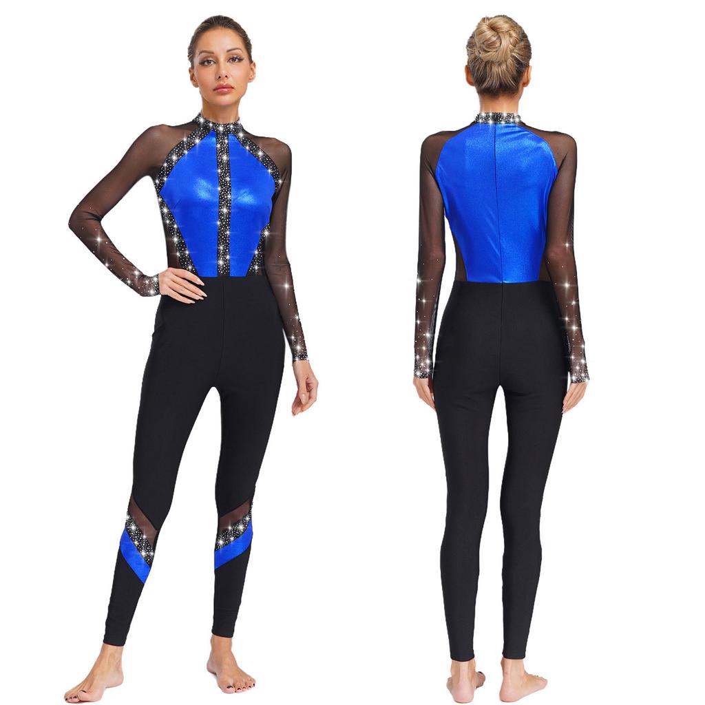 Sparkling Rhinestone Dance Leotard for Women, Full Body Long Sleeve Jumpsuit with Sheer Mesh Patchwork & Color Block Design
