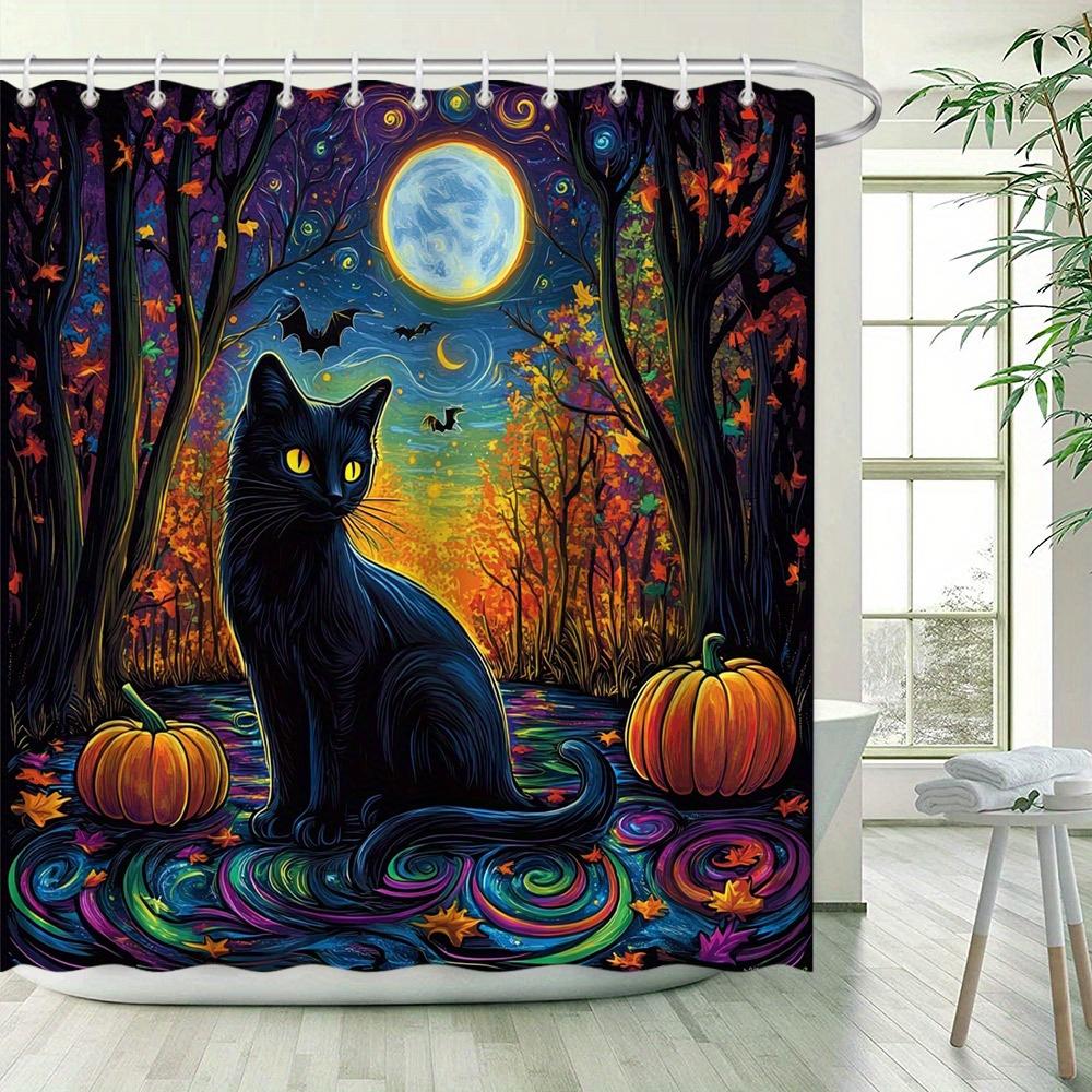 Halloween Schwarze Katze im Mondlichtwald Wasserdichter Duschvorhang, Moderne Badezimmerdekoration, Stilvoll und Langlebig, Perfekt für den Heimgebrauch