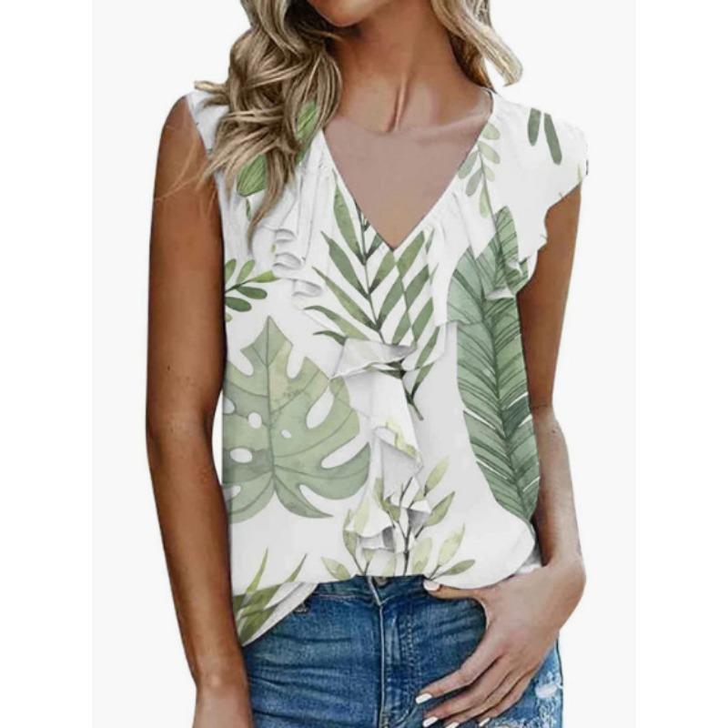 Women's plus size printed chiffon fungus trim T shirt