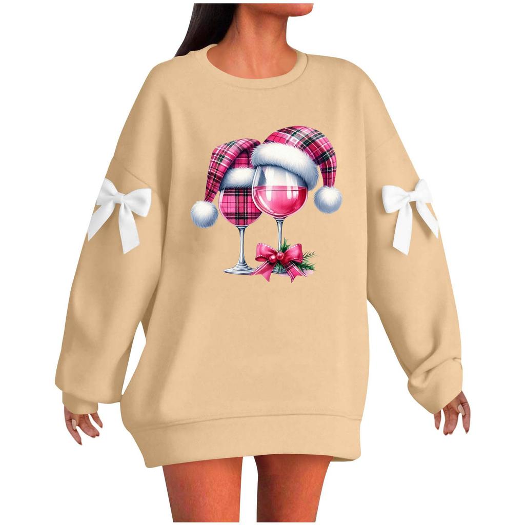 Ladies' Christmas Printed Bow Round Neck Long Sleeved Loose Pullover Sweater Sweatshirt Top