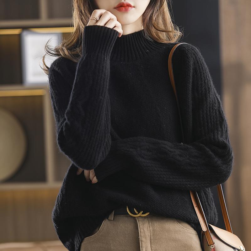 Lazy wind semi-turtleneck thickened sweater bottoming shirt women's autumn and winter temperament loose and versatile long-sleeved knitted sweater
