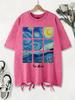 Nine Grid Starry Sky Printing Washed T Shirts Womens Cotton TShirt Distressed Oversize ONeck Tops Vintage Womans Streetwear