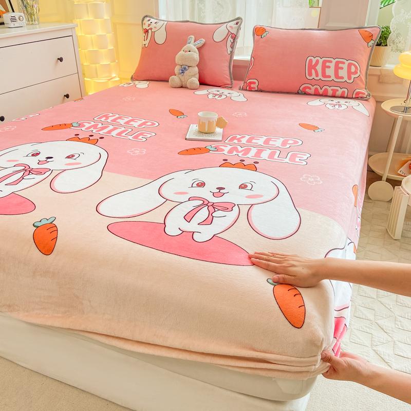 Winter Warm Thicken Flannel Elastic Fitted Sheet Mattress Protector Cover Cartoon Print Plush Soft Cozy Bed Sheet Home Decor
