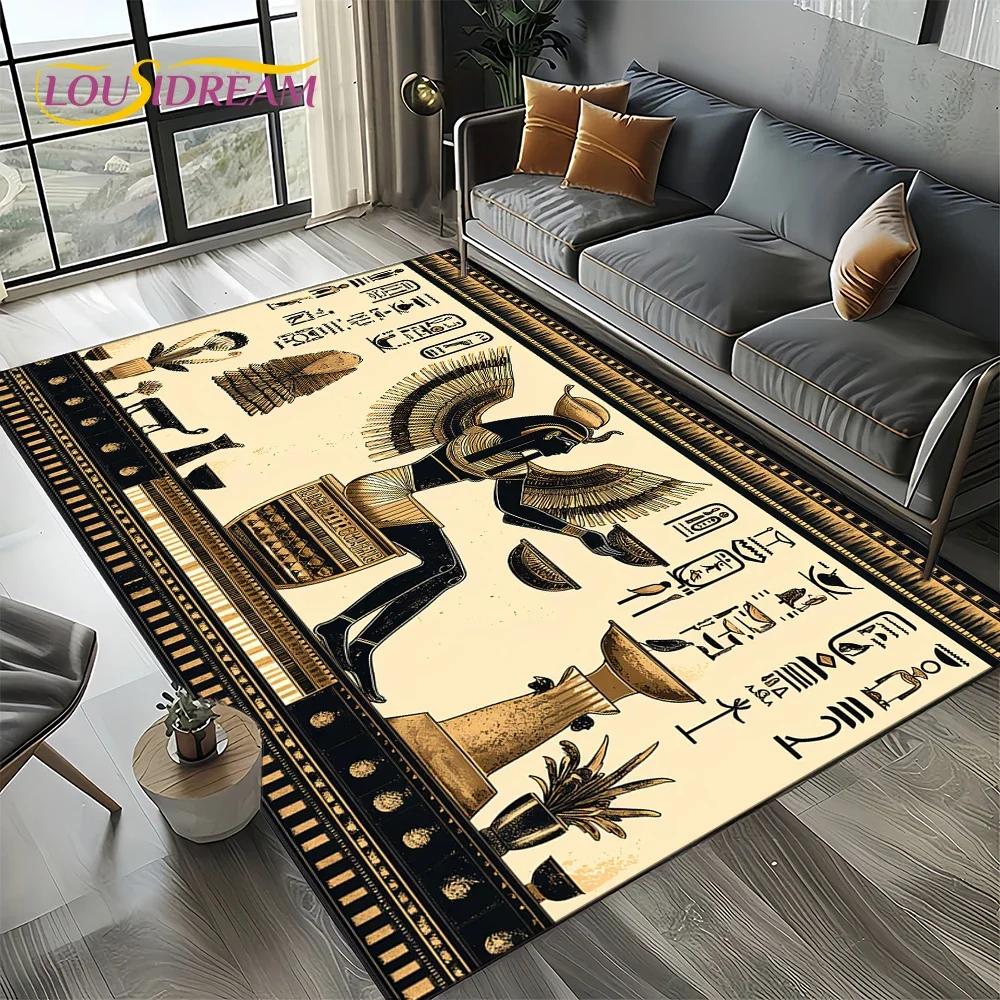 2025 Antikes Ägypten Hieroglyphen Mythologie Wandmalerei Teppich für Wohnzimmer Schlafzimmer Sofadekoration,Rutschfeste Bodenmatte