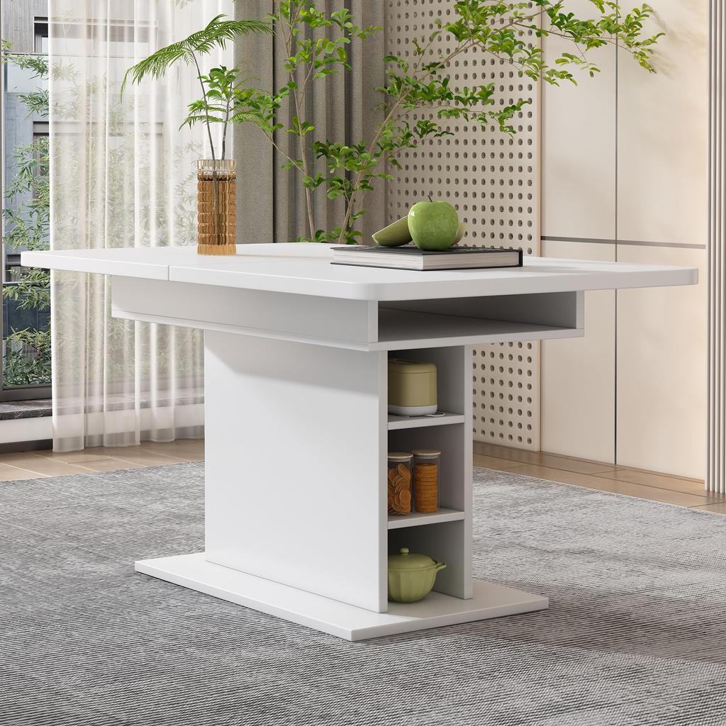 Flieks Dining Table Wood, Extendable Dining Room Table with Storage, White