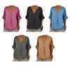 Cotton Linen Women Shirt V-Neck Buttons Half Placket Half Sleeve Breathable Loose Fit Tops Daily Wear