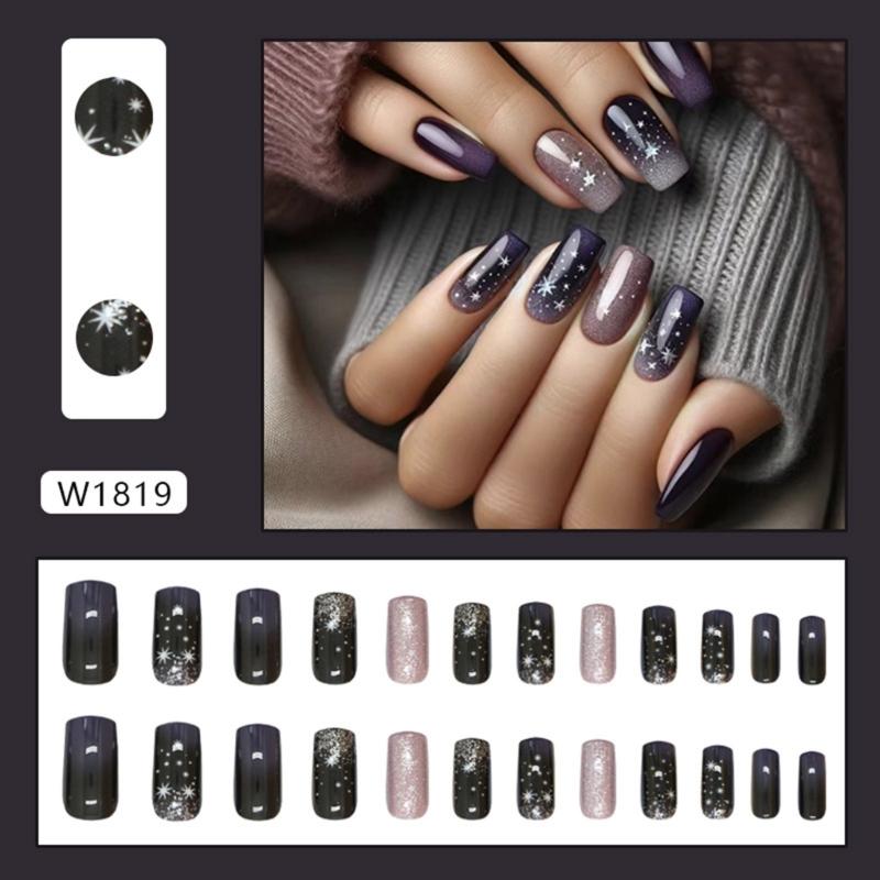 24 Stück Mittlere Quadratische Press-On Nägel Winter Blau Gradient Sternenlicht Vollabdeckung Falsche Nägel Set Nageldekorationen für Damen Mädchen