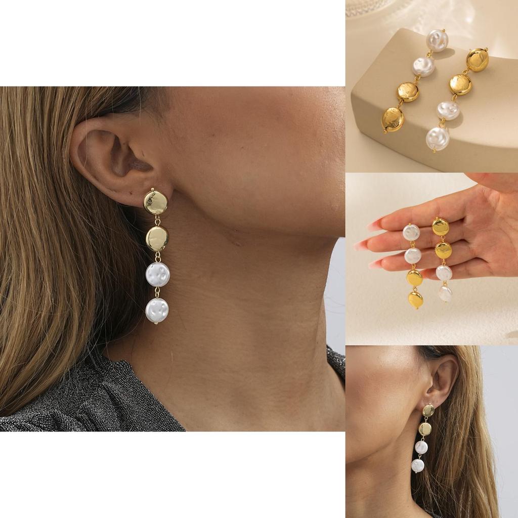 Chic 2023 Winter Gold Round Faux Pearl Earrings Stylish Long Design For Women