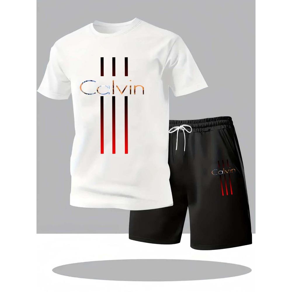 Set T-shirt e pantaloncini da uomo estate casual larghi e alla moda stampa lettera Calvin T-shirt a maniche corte con scollo rotondo comoda