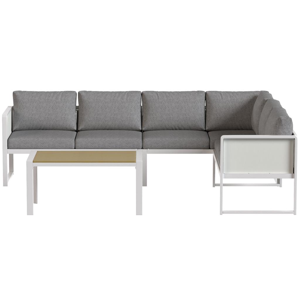 6 Seater Metal Garden Furniture Corner Sofa Set with 3 Loveseats, Faux Wood Table, Texteline Seat, Cushions, White