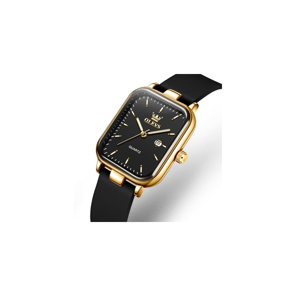 OLEVS Women's Classic Quartz Watch Gold-Black Silicone Band Elegant Design