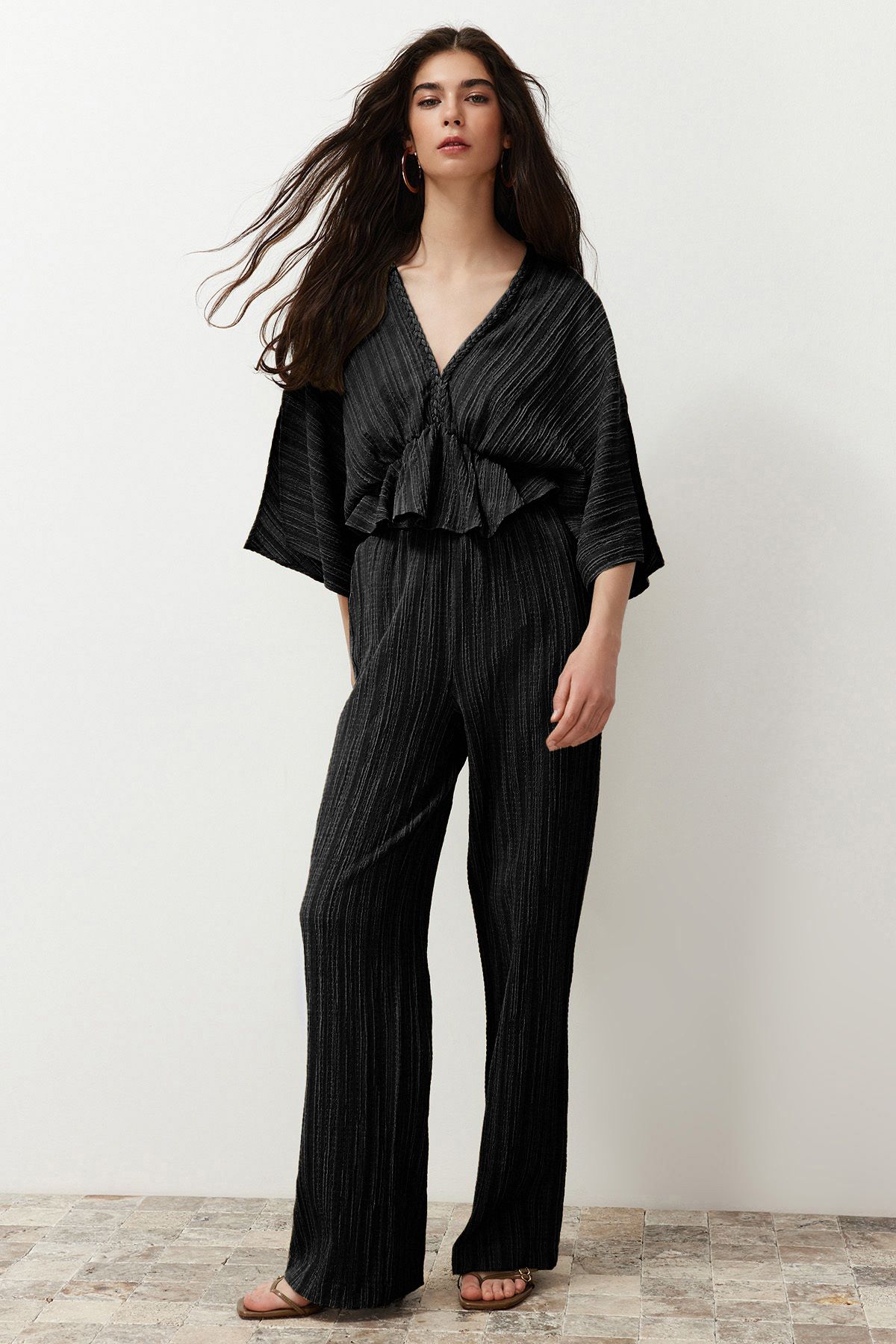 

Women s Fashion Black Elastic Waist Textured Fabric Woven Trousers S