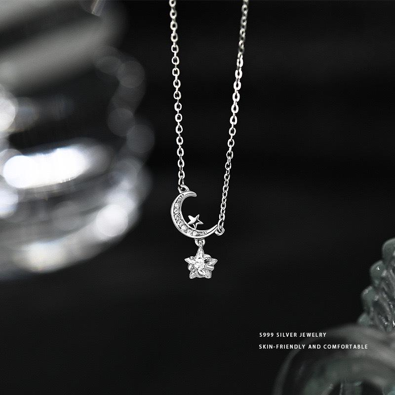S999 Sterling Silver Star and Moon Zircon Necklace for Women - Elegant High-End Choker