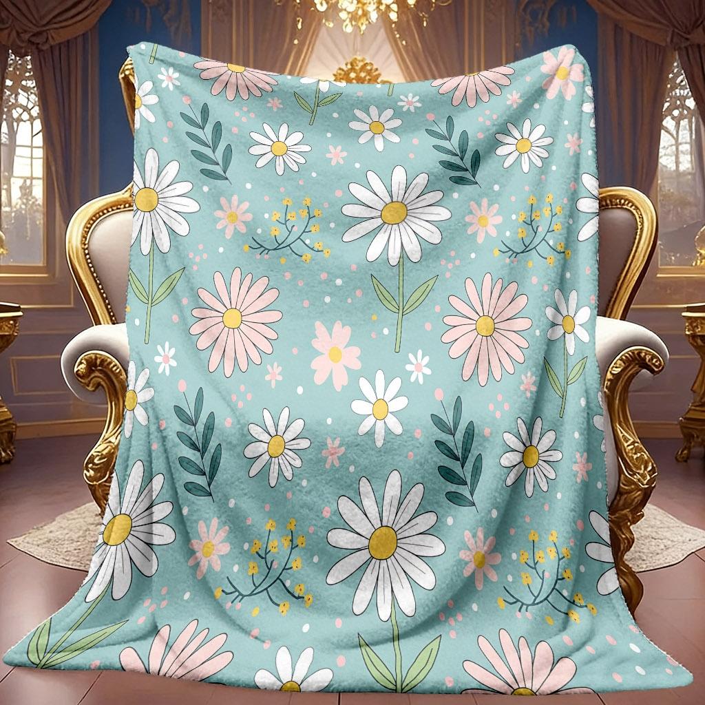1pc 2D Fresh Small Daisy And Branches Themed Pattern Flannel Blanket, Soft HD Digital Print, Cooling Blanket All-Season Use! Soft And Breathable 100%