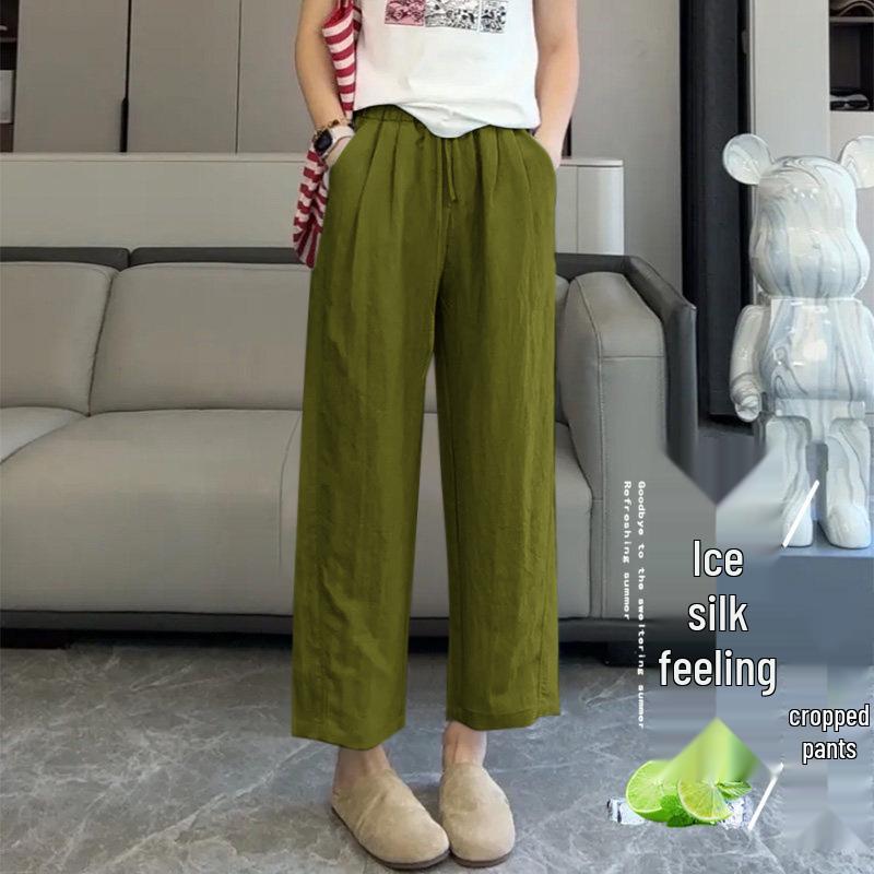 High-Waisted Cropped Ice Silk Trousers for Women - Summer Straight-Leg Sun Protection Pants 2026