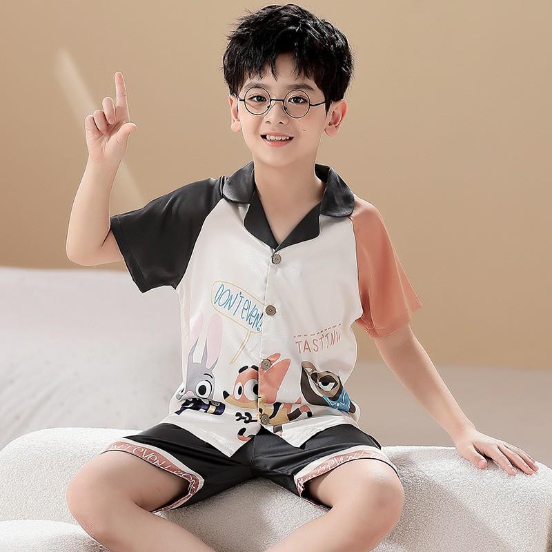 Boys Pajama Set Ice Silk Short Sleeve Cartoon Sleepwear Kids 8 Years Home Loungewear