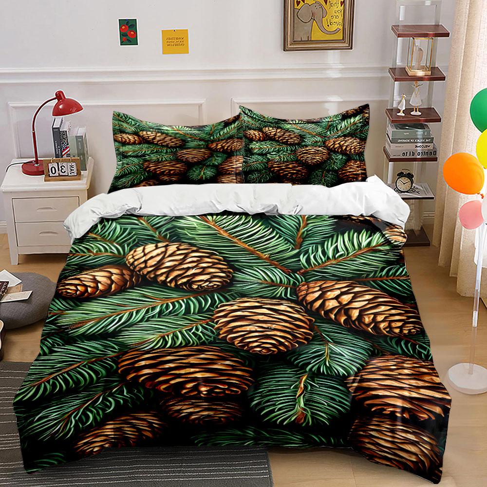 Pinecones and Evergreen Pattern Bedding Duvet Cover Set Duvet Cover Pillowcases (1*Duvet Cover 2*Pillowcases, Without Duvet Insert)
