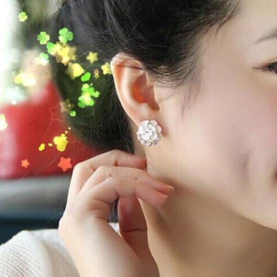Women Peony Camellia Flower Rhinestones Alloy Ear Stud Earrings Party Jewelry