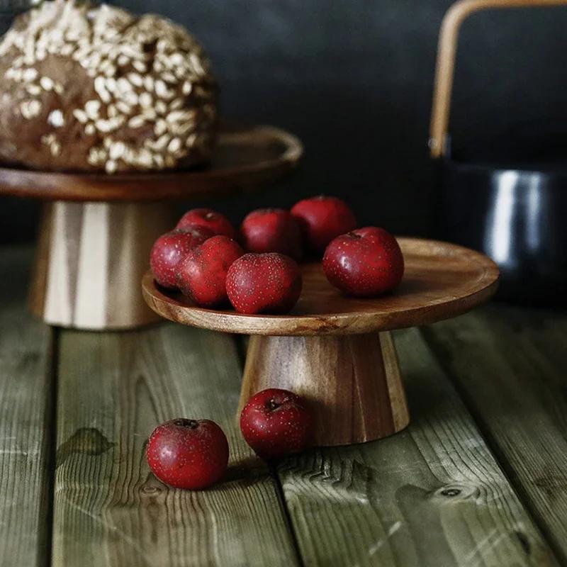 Household Circular Solid Wood Trays Sushi High Foot Cake Plates Fruits Snacks Kitchen Tools with Trays Living Room Display Plate