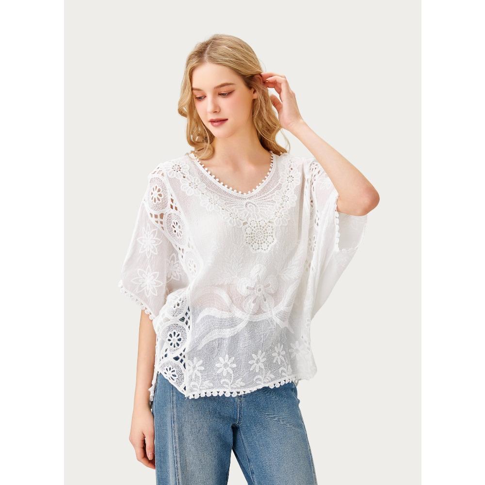 DIMANAF 2026 New Summer Basic Shirt Women Lace O-Neck Blouse Tops Tees Loose White Short Tees