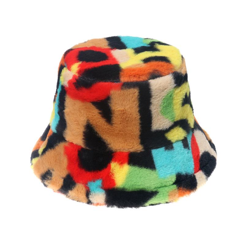 European and American Internet Celebrities Basin Hat Imitation Rabbit Fluffy Hat Autumn and Winter Fashion Trend Color Letter Bucket Hat 