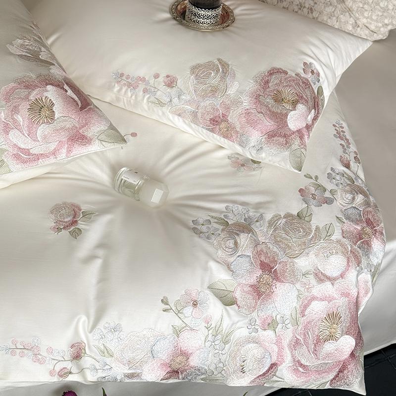 Flowers Embroidery Luxury Bedding Set Egyptian Cotton Single Queen King Size Duvet Cover Flat/Fitted Bed Sheet Pillowcases 3/4Pc