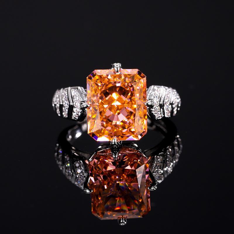 Jewelry Copper Bottom Gold-Plated High Carbon Diamond Ice Flower Cut Fat Rectangular Copper Inlaid Temperament Light Luxury Ring Women 10 * 12