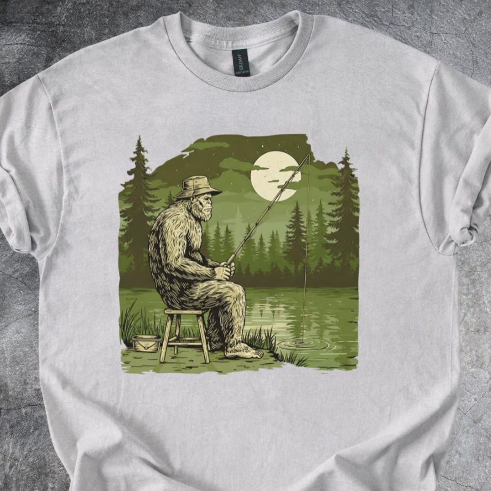Bigfoot Fishing Shirt Forest Lake Night Scene Sasquatch Outdoor Graphic Nature Art Tshirt Gray 150