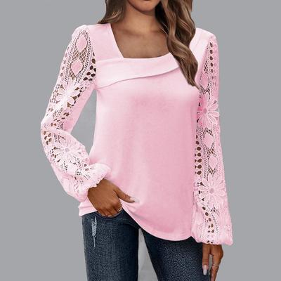 White Skew Collar Lace Patchwork Shirt Blouse Women Spring Autumn Lantern Sleeve Hollow Out Casual Shirts Top Femme
